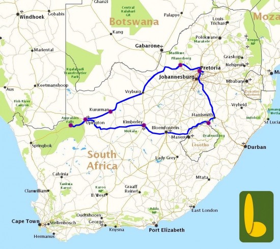 Kaart van reis Rondreis Drakensberg tot de Kalahari - R15