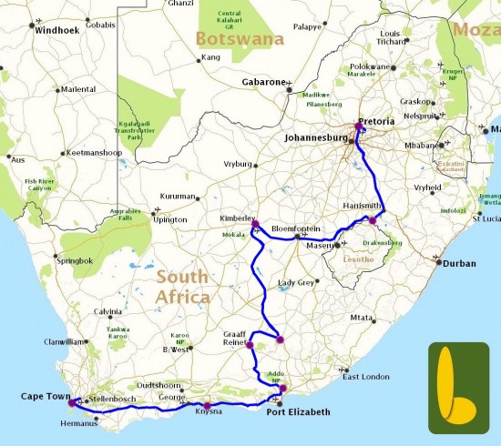 Kaart van reis Rondreis Road trip Gauteng tot Kaapstad - R17