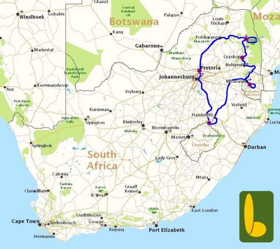 Kaart van reis Rondreis Drakensbergen & Kruger Park - R1