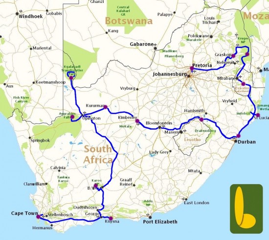 Kaart van reis Rondreis St Lucia, Kalahari & Kaapstad - R23