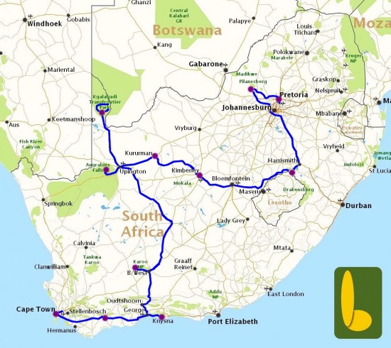 Kaart van reis Rondreis Pilanesberg Safari & Kaapstad- R25