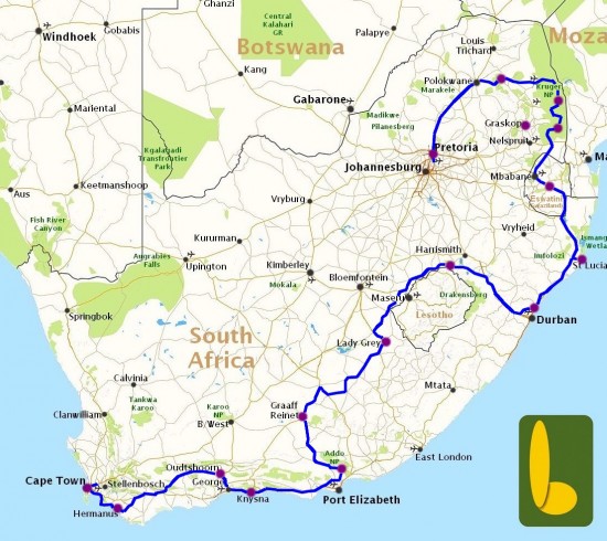 Kaart van reis Rondreis Top Zuid-Afrika road trip vakantie! R26