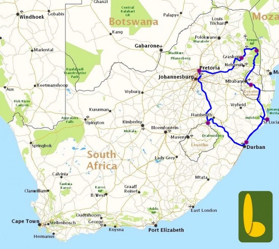Kaart van reis Rondreis St Lucia, Big 5 Safari & meer - R4