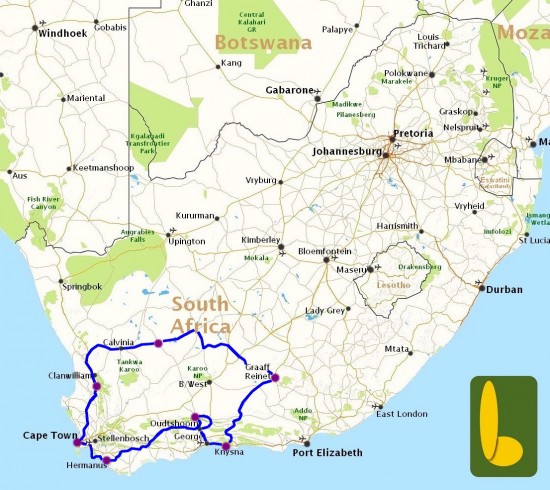 Kaart van reis Rondreis Cederbergen & Groot Karoo - R7
