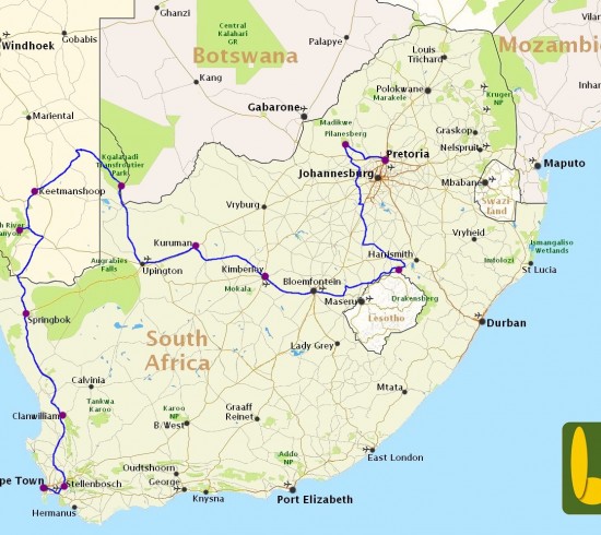 Kaart van reis Rondreis Kalahari Safari & de Fish River - R24